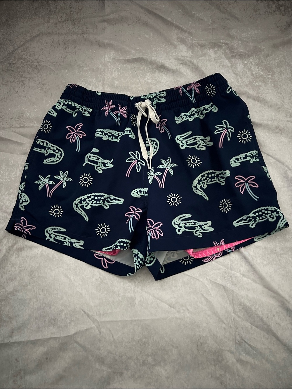 chubbies Navy Swim Trunks with Mint & Pink Alligator Print